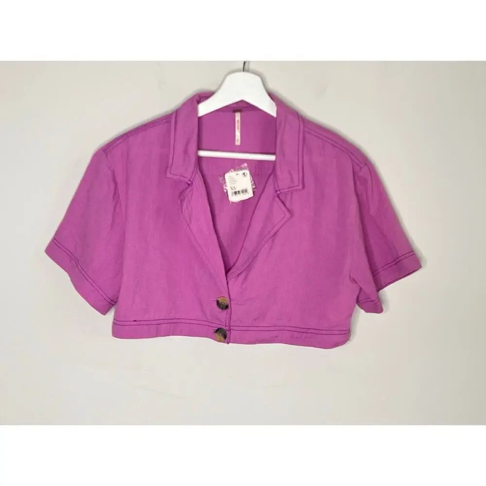 Free People Honeydew Cropped Button Down Short Sleeve Top NWT Women's Sized XS